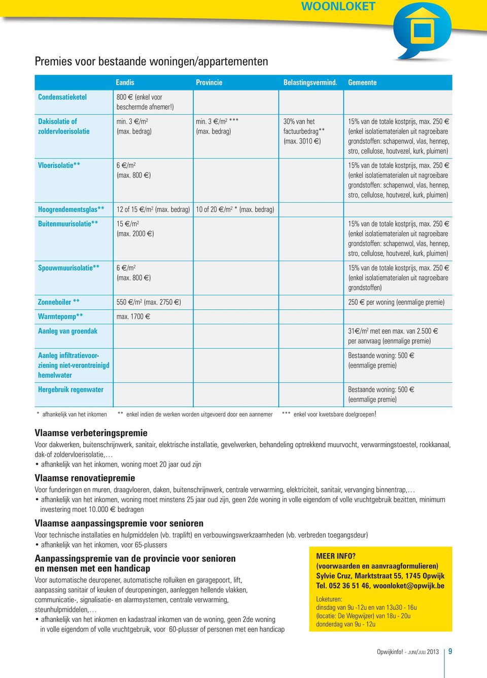 3010 e) grondstoffen: schapenwol, vlas, hennep, stro, cellulose, houtvezel, kurk, pluimen) Vloerisolatie** 6 e/m² 15% van de totale kostprijs, max. 250 e (max.