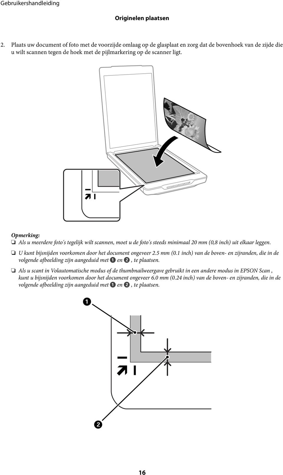 Opmerking: Als u meerdere foto's tegelijk wilt scannen, moet u de foto's steeds minimaal 20 mm (0,8 inch) uit elkaar leggen. U kunt bijsnijden voorkomen door het document ongeveer 2.5 mm (0.