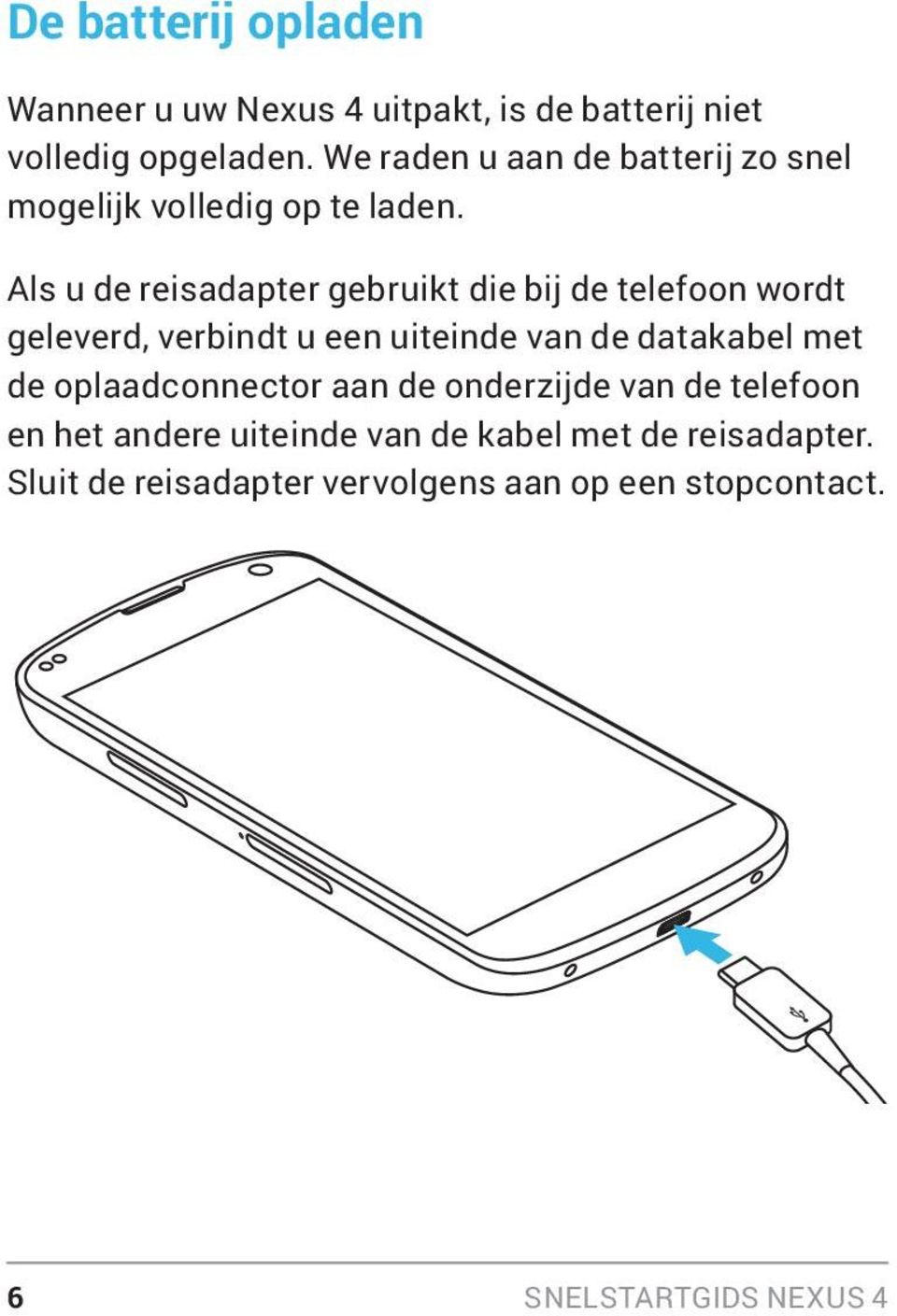 Als u de reisadapter gebruikt die bij de telefoon wordt geleverd, verbindt u een uiteinde van de datakabel met de