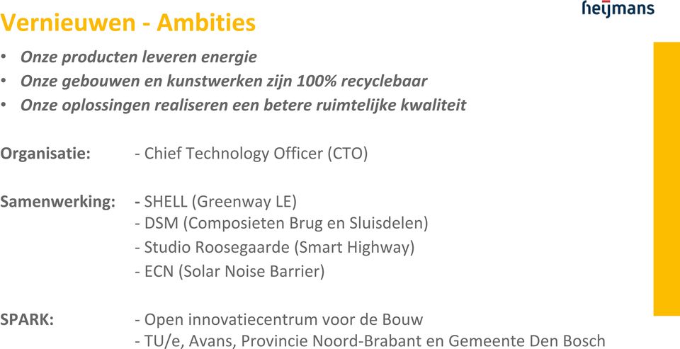 Samenwerking: - SHELL (Greenway LE) - DSM (Composieten Brug en Sluisdelen) - Studio Roosegaarde (Smart Highway) -