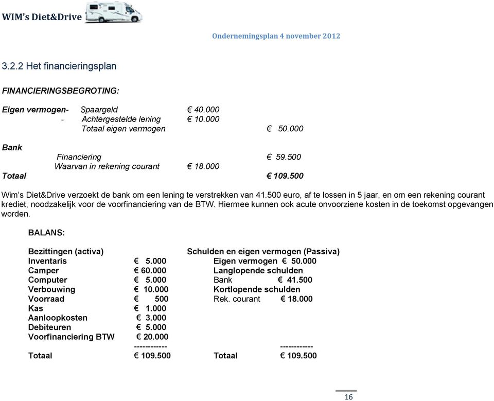 500 euro, af te lossen in 5 jaar, en om een rekening courant krediet, noodzakelijk voor de voorfinanciering van de BTW. Hiermee kunnen ook acute onvoorziene kosten in de toekomst opgevangen worden.