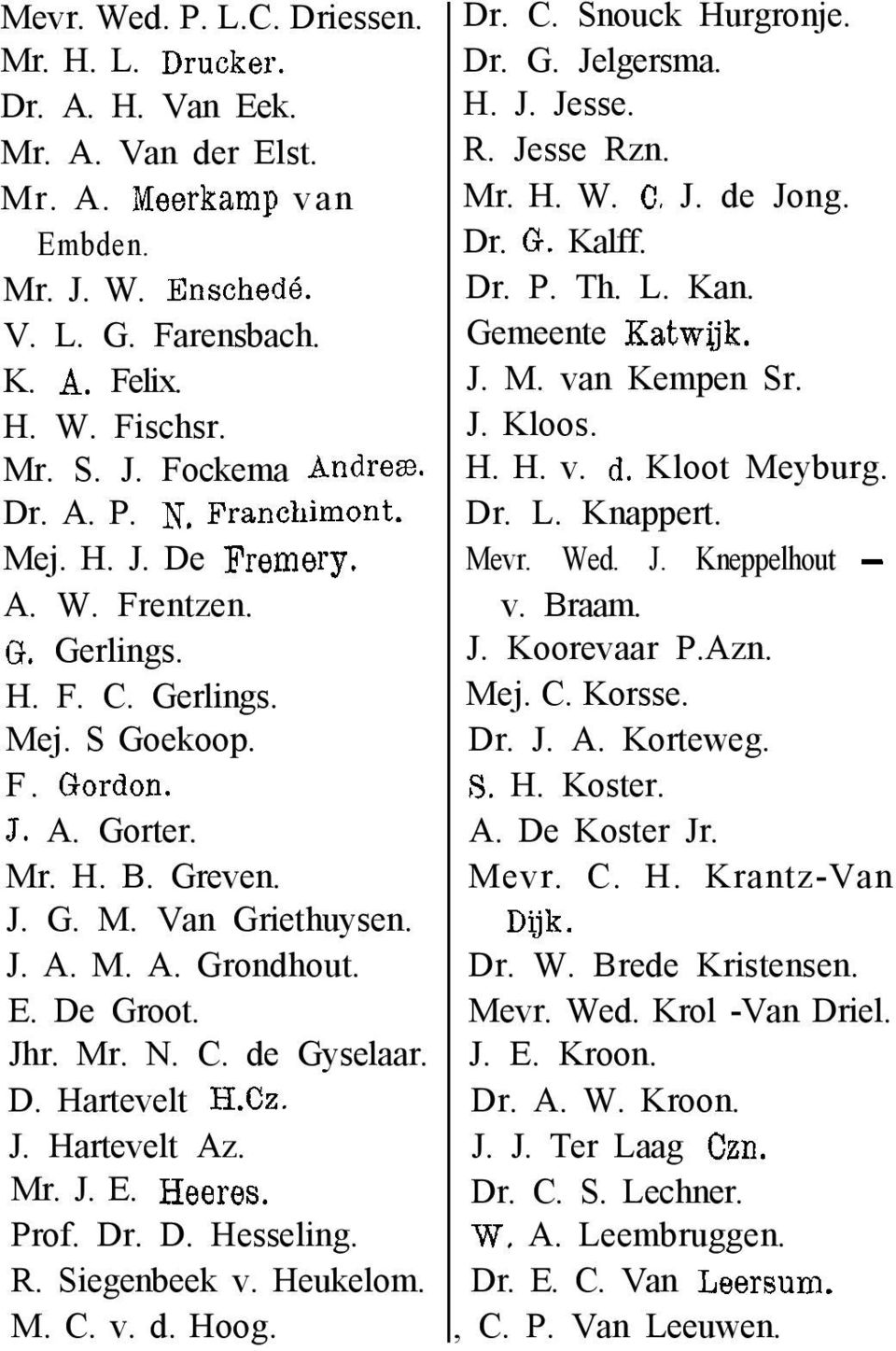 E. De Groot. Jhr. Mr. N. C. de Gyselaar. D. Hartevelt H.Cz. J. Hartevelt Az. Mr. J. E. Heeres. Prof. Dr. D. Hesseling. R. Siegenbeek v. Heukelom. M. C. v. d. Hoog. Dr. C. Snouck Hurgronje. Dr. G. Jelgersma.