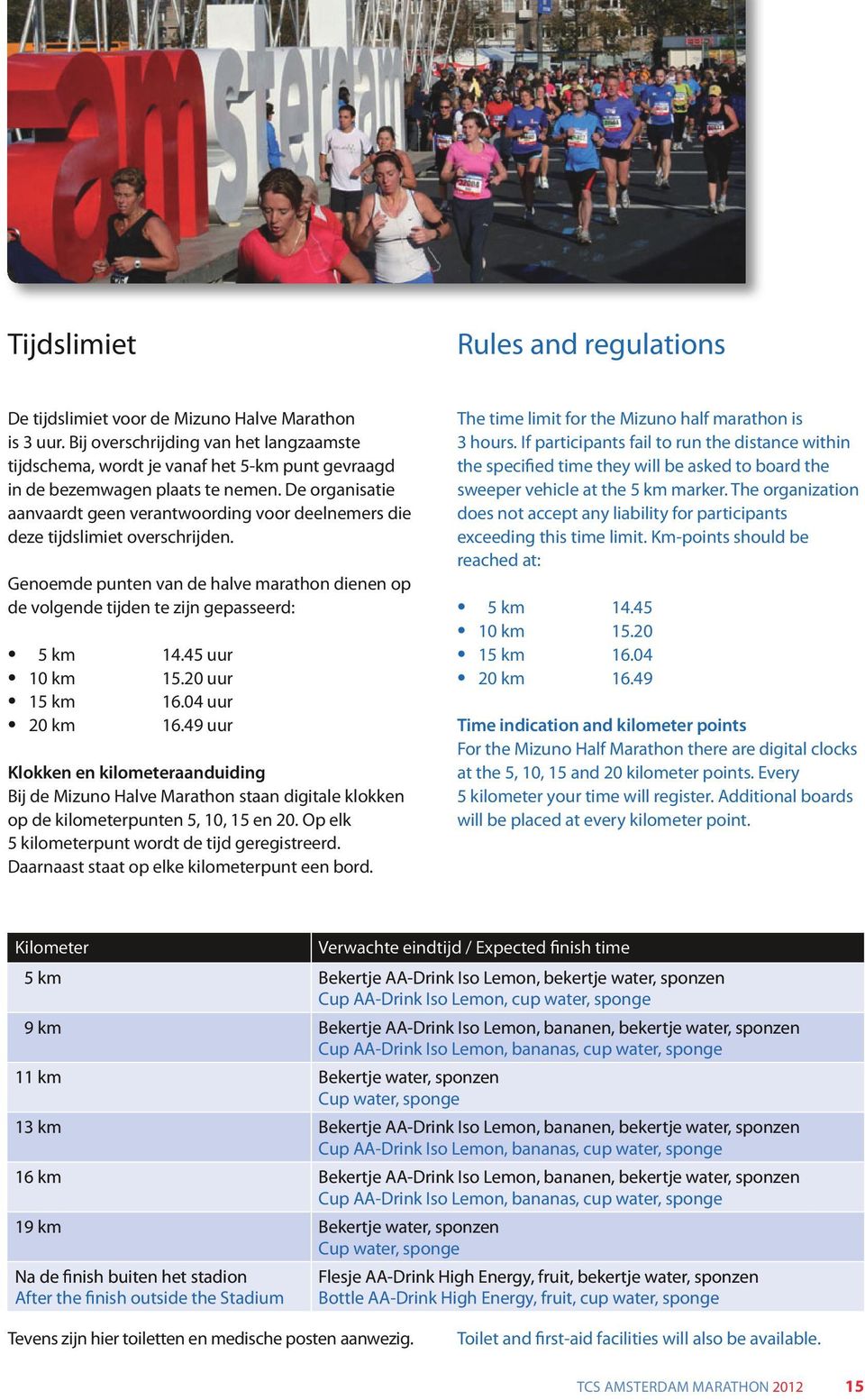 De organisatie aanvaardt geen verantwoording voor deelnemers die deze tijdslimiet overschrijden. Genoemde punten van de halve marathon dienen op de volgende tijden te zijn gepasseerd: 5 km 14.