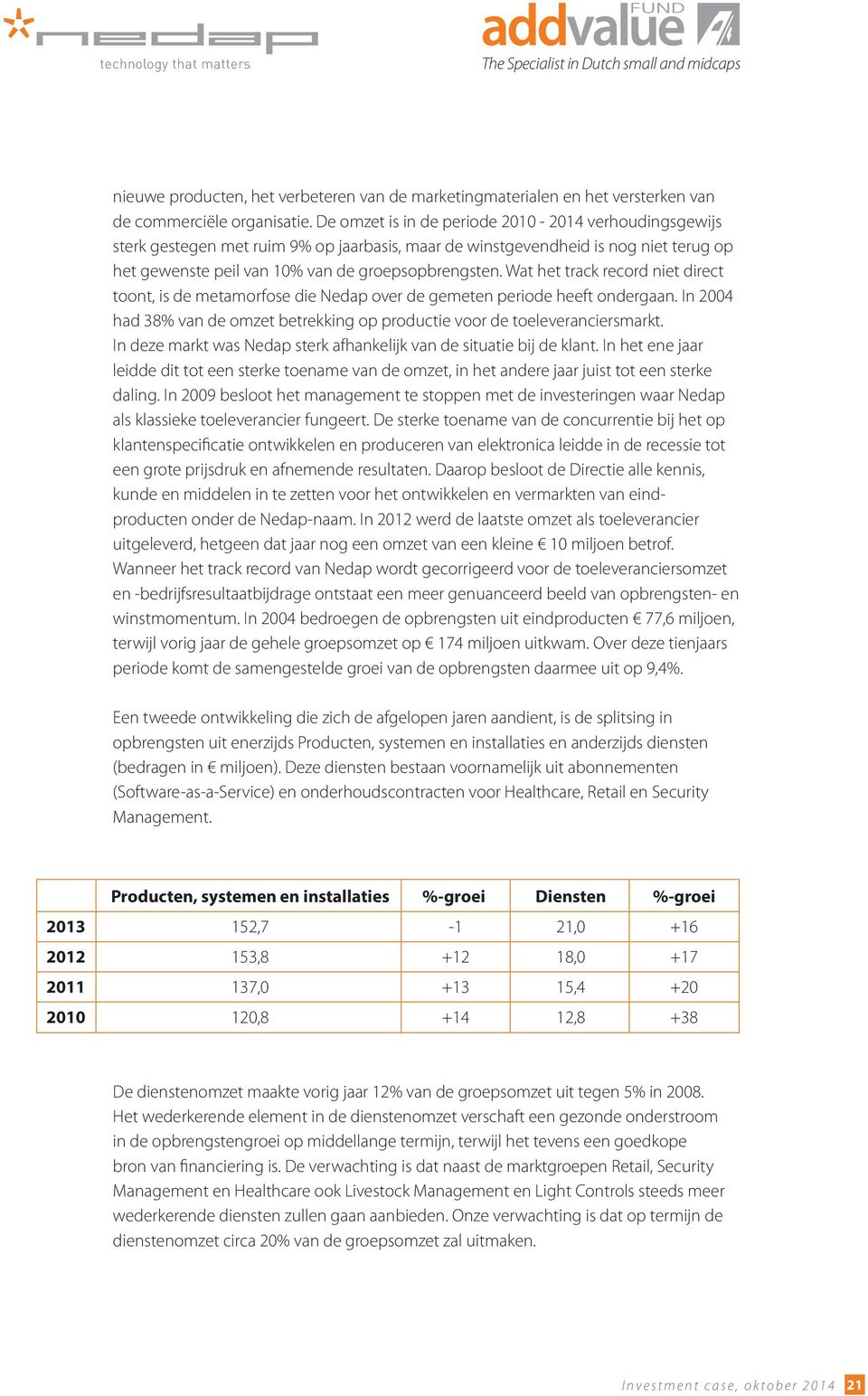 Wat het track record niet direct toont, is de metamorfose die Nedap over de gemeten periode heeft ondergaan. In 2004 had 38% van de omzet betrekking op productie voor de toeleveranciersmarkt.