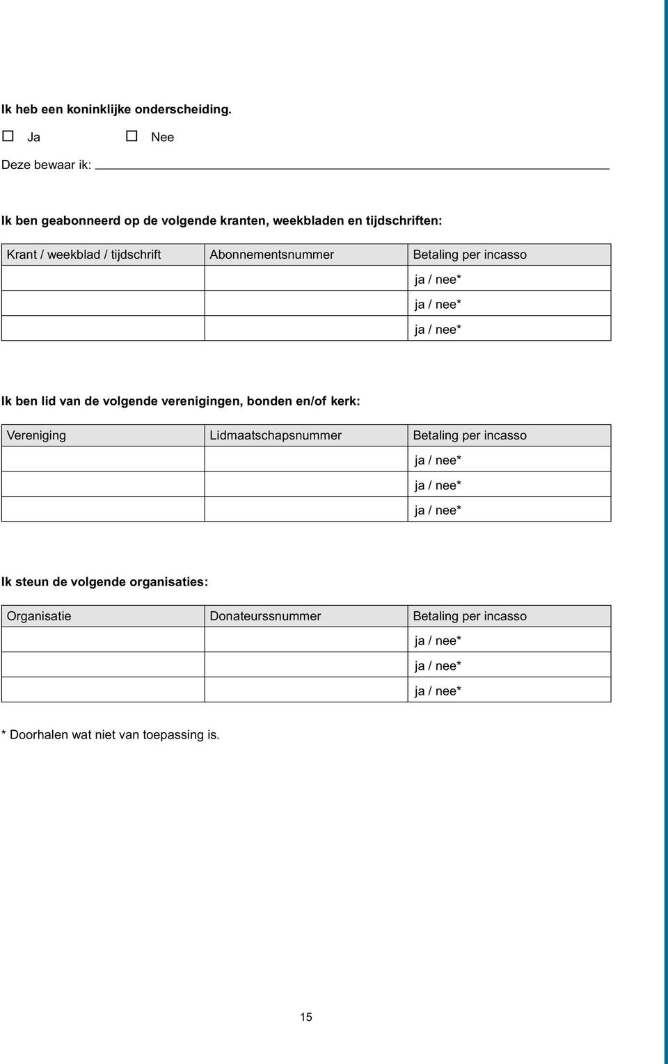 tijdschrift Abonnementsnummer Betaling per incasso Ik ben lid van de volgende verenigingen, bonden en/of