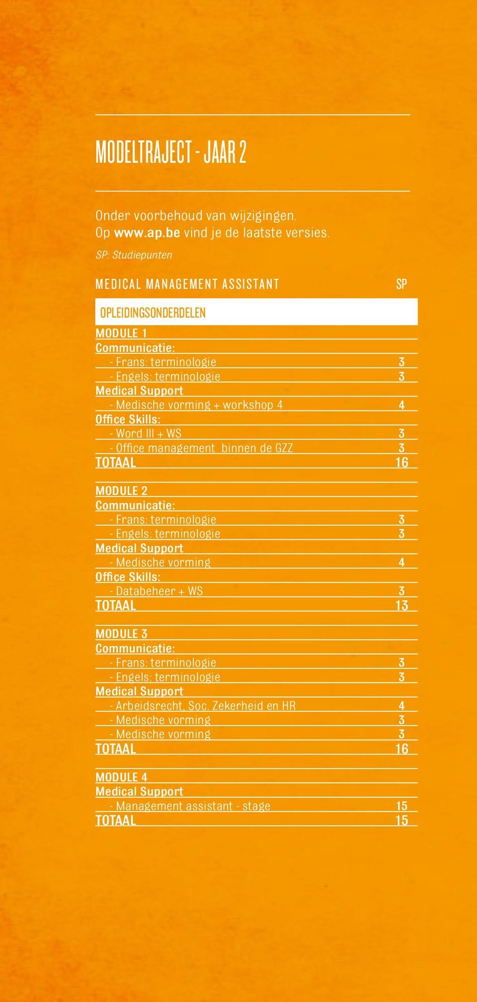 - Word III + WS 3 - Office management binnen de GZZ 3 TOTAAL 16 Module 2 - Frans: terminologie 3 - Engels: terminologie 3 - Medische vorming 4 - Databeheer +