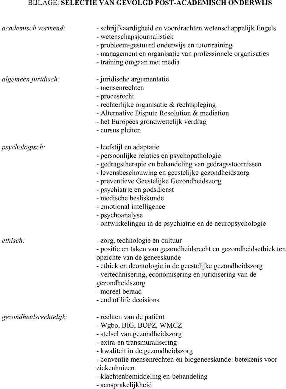 mensenrechten - procesrecht - rechterlijke organisatie & rechtspleging - Alternative Dispute Resolution & mediation - het Europees grondwettelijk verdrag - cursus pleiten - leefstijl en adaptatie -