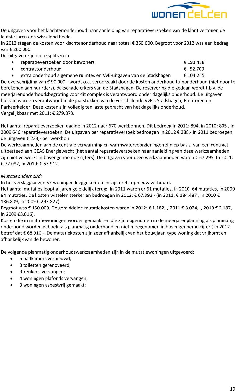 488 contractonderhoud 52.700 extra onderhoud algemene ruimtes en VvE-uitgaven van de Stadshagen 104.245 De overschrijding van 90.000,- wordt o.a. veroorzaakt door de kosten onderhoud tuinonderhoud (niet door te berekenen aan huurders), dakschade erkers van de Stadshagen.