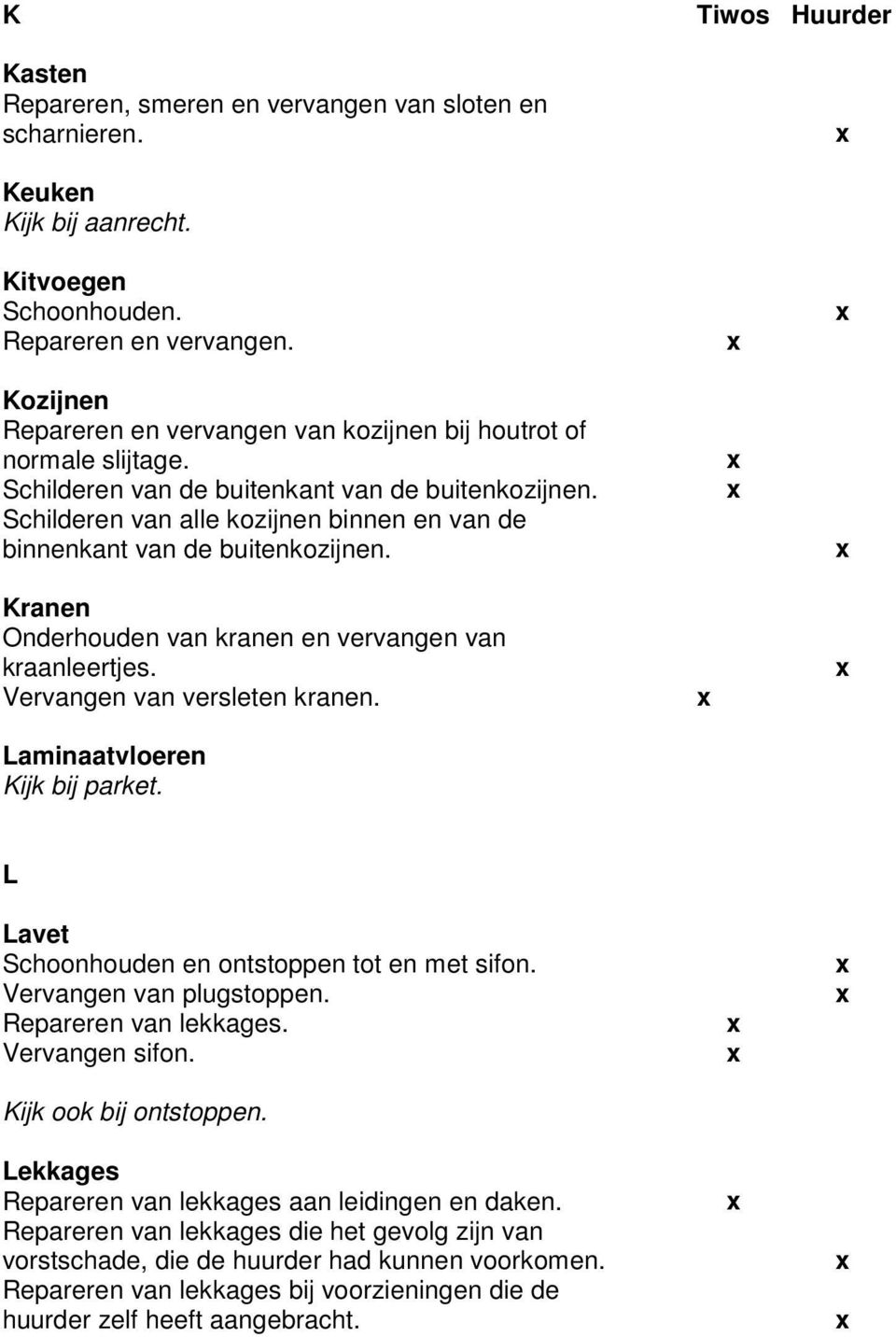 Schilderen van alle kozijnen binnen en van de binnenkant van de buitenkozijnen. Kranen Onderhouden van kranen en vervangen van kraanleertjes. Vervangen van versleten kranen.