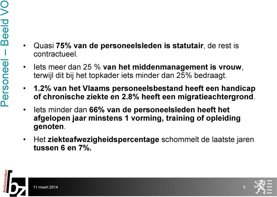 2% van het Vlaams personeelsbestand heeft een handicap of chronische ziekte en 2.8% heeft een migratieachtergrond.