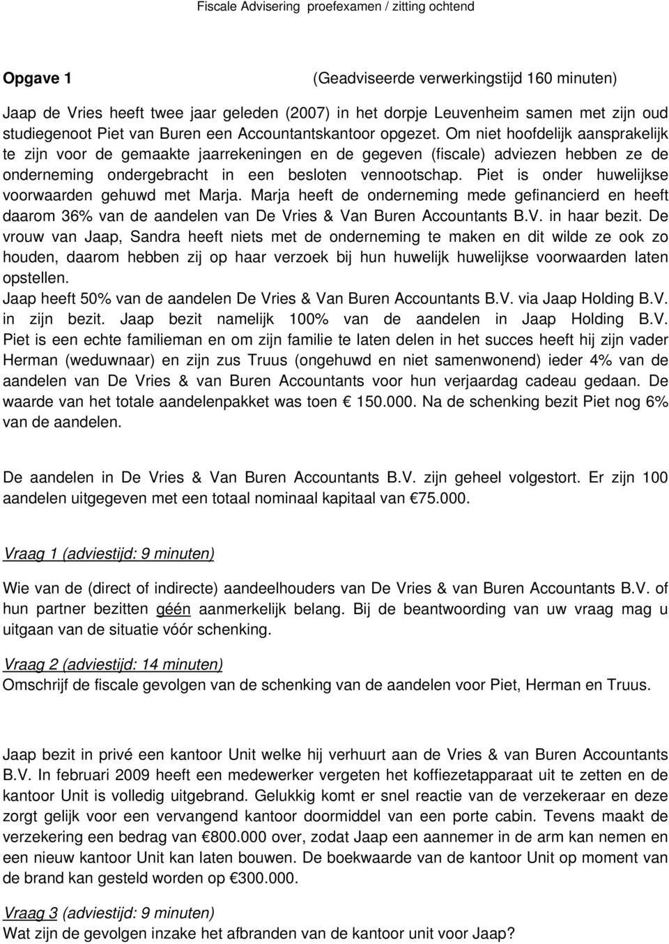 Piet is onder huwelijkse voorwaarden gehuwd met Marja. Marja heeft de onderneming mede gefinancierd en heeft daarom 36% van de aandelen van De Vries & Van Buren Accountants B.V. in haar bezit.