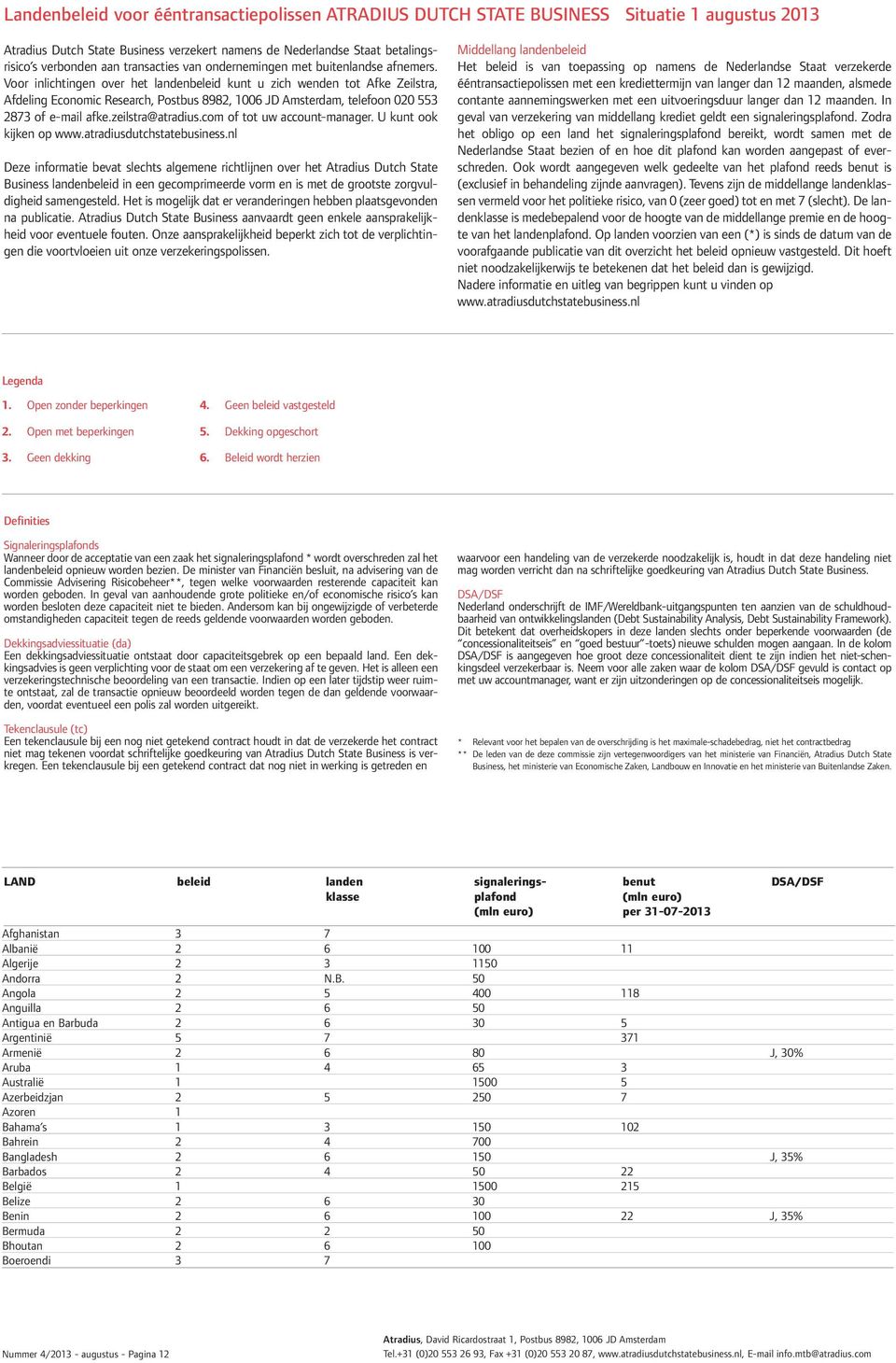 Voor inlichtingen over het landenbeleid kunt u zich wenden tot Afke Zeilstra, Afdeling Economic Research, Postbus 8982, 1006 JD Amsterdam, telefoon 020 553 2873 of e-mail afke.zeilstra@atradius.