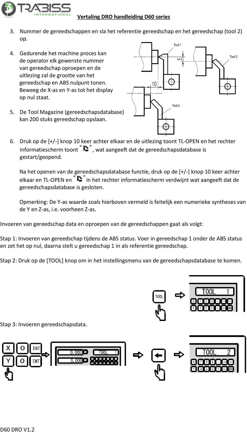 Beweeg de X-as en Y-as tot het display op nul staat. 5. De Tool Magazine (gereedschapsdatabase) kan 200 stuks gereedschap opslaan. 6.