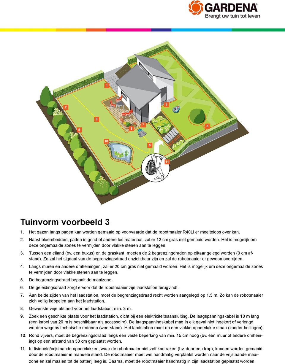 . Tussen een eiland (bv. een buxus) en de graskant, moeten de begrenzingdraden op elkaar gelegd worden (0 cm afstand).