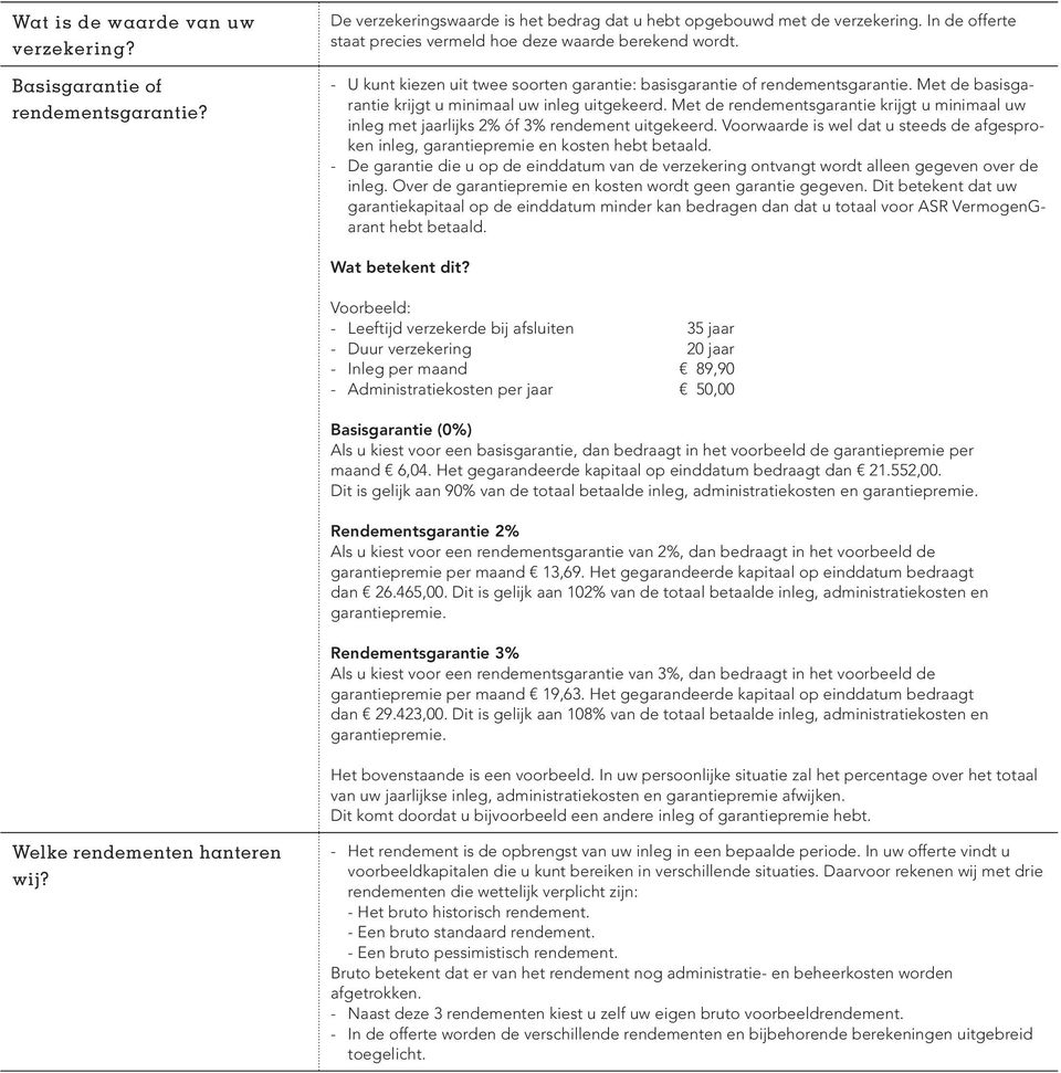 Met de basisgarantie krijgt u minimaal uw inleg uitgekeerd. Met de rendementsgarantie krijgt u minimaal uw inleg met jaarlijks 2% óf 3% rendement uitgekeerd.