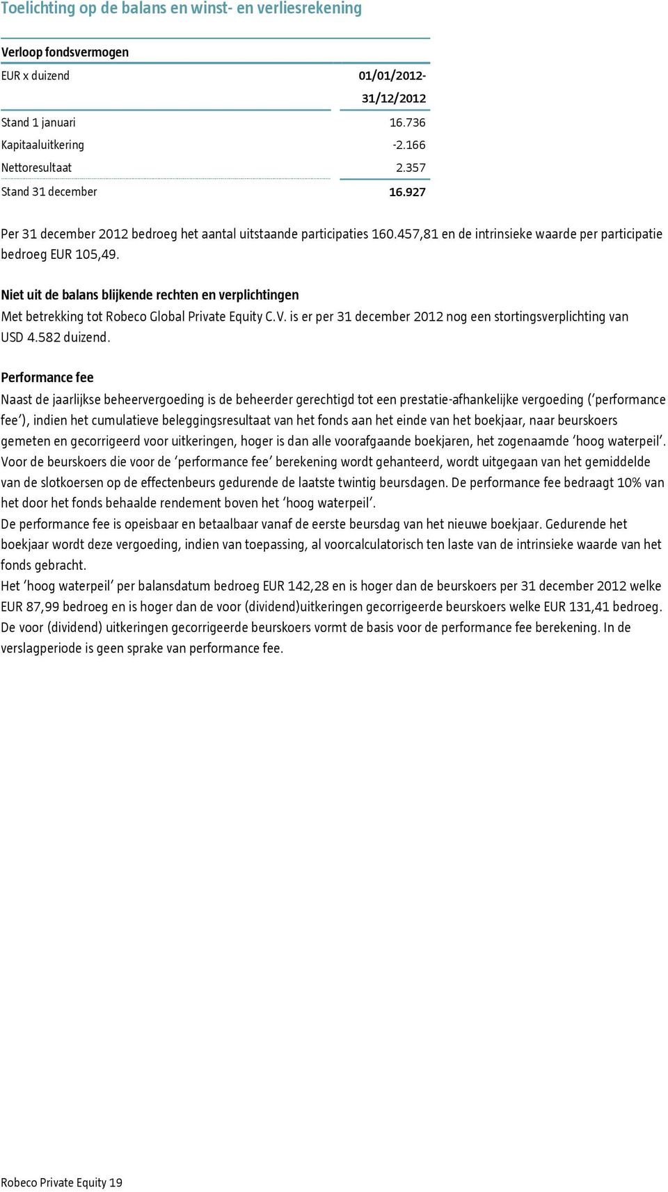 Niet uit de balans blijkende rechten en verplichtingen Met betrekking tot Robeco Global Private Equity C.V. is er per 31 december 2012 nog een stortingsverplichting van USD 4.582 duizend.