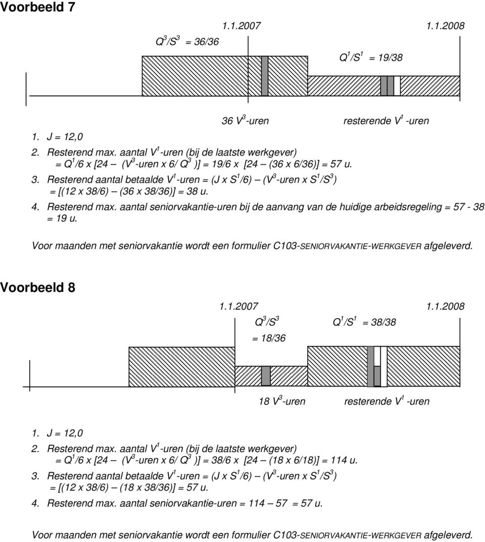 Voorbeeld 8 Q 3 /S 3 Q 1 /S 1 = 38/38 = 18/36 18 V 3 -uren resterende V 1 -uren = Q 1 /6 x [24 (V 3 -uren x 6/ Q 3 )] = 38/6 x [24 (18 x 6/18)] = 114 u. 3. Resterend aantal betaalde V 1 -uren = (J x S 1 /6) (V 3 -uren x S 1 /S 3 ) = [(12 x 38/6) (18 x 38/36)] = 57 u.