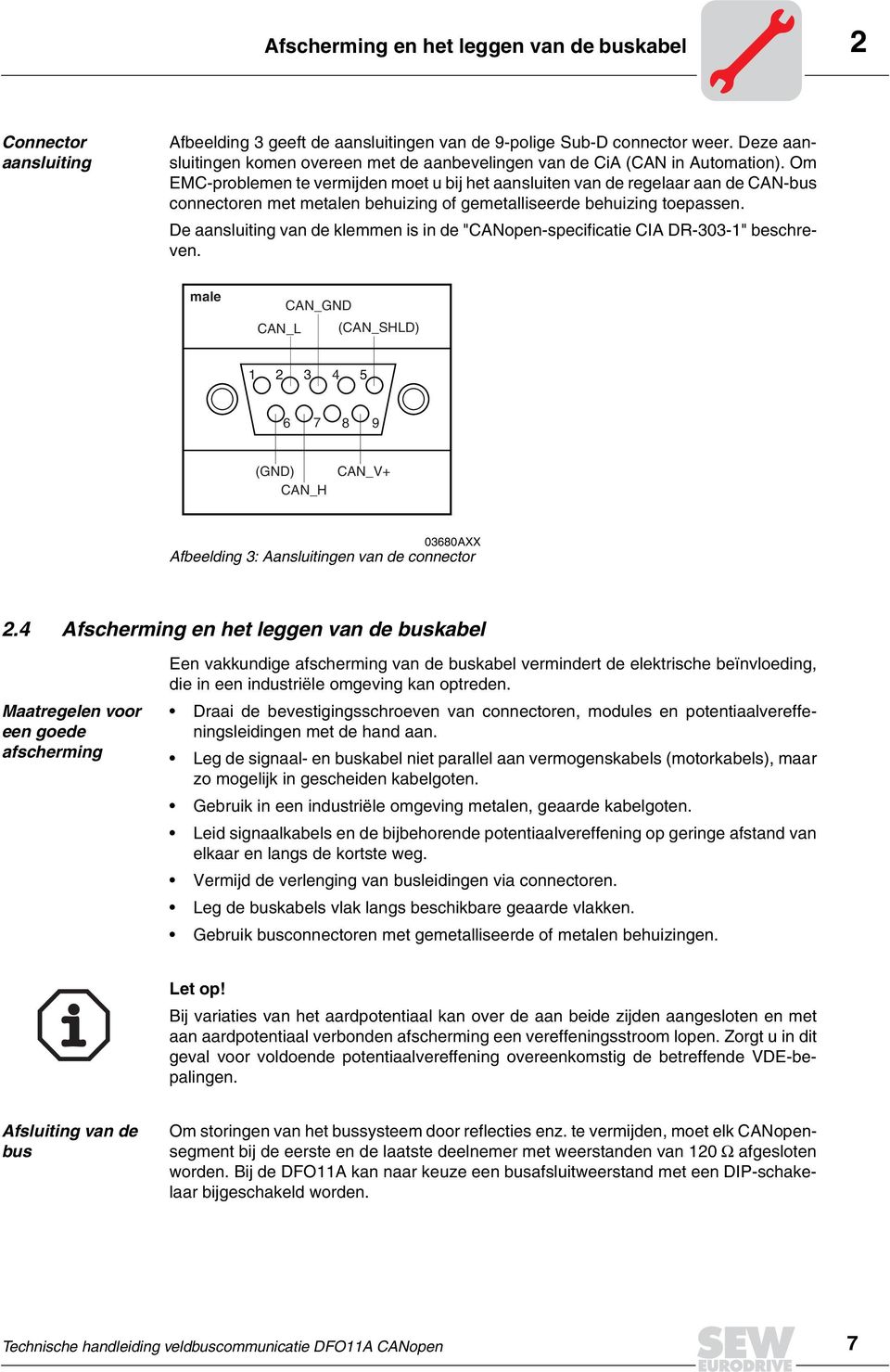 Om EMC-problemen te vermijden moet u bij het aansluiten van de regelaar aan de CAN-bus connectoren met metalen behuizing of gemetalliseerde behuizing toepassen.