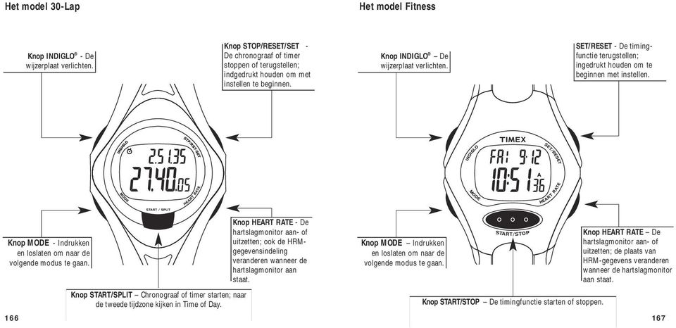 166 Knop START/SPLIT Chronograaf of timer starten; naar de tweede tijdzone kijken in Time of Day.