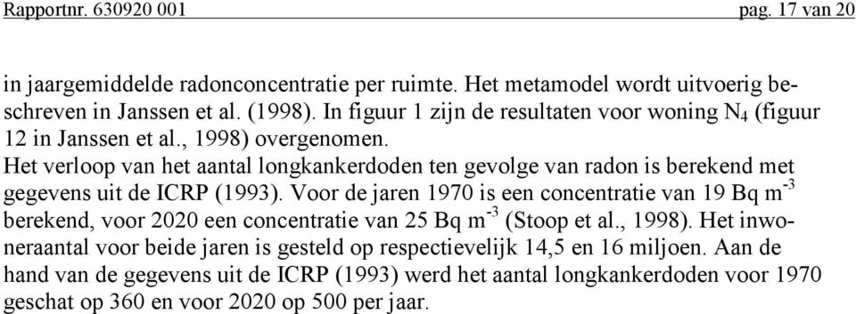 Het verloop van het aantal longkankerdoden ten gevolge van radon is berekend met gegevens uit de ICRP (1993).