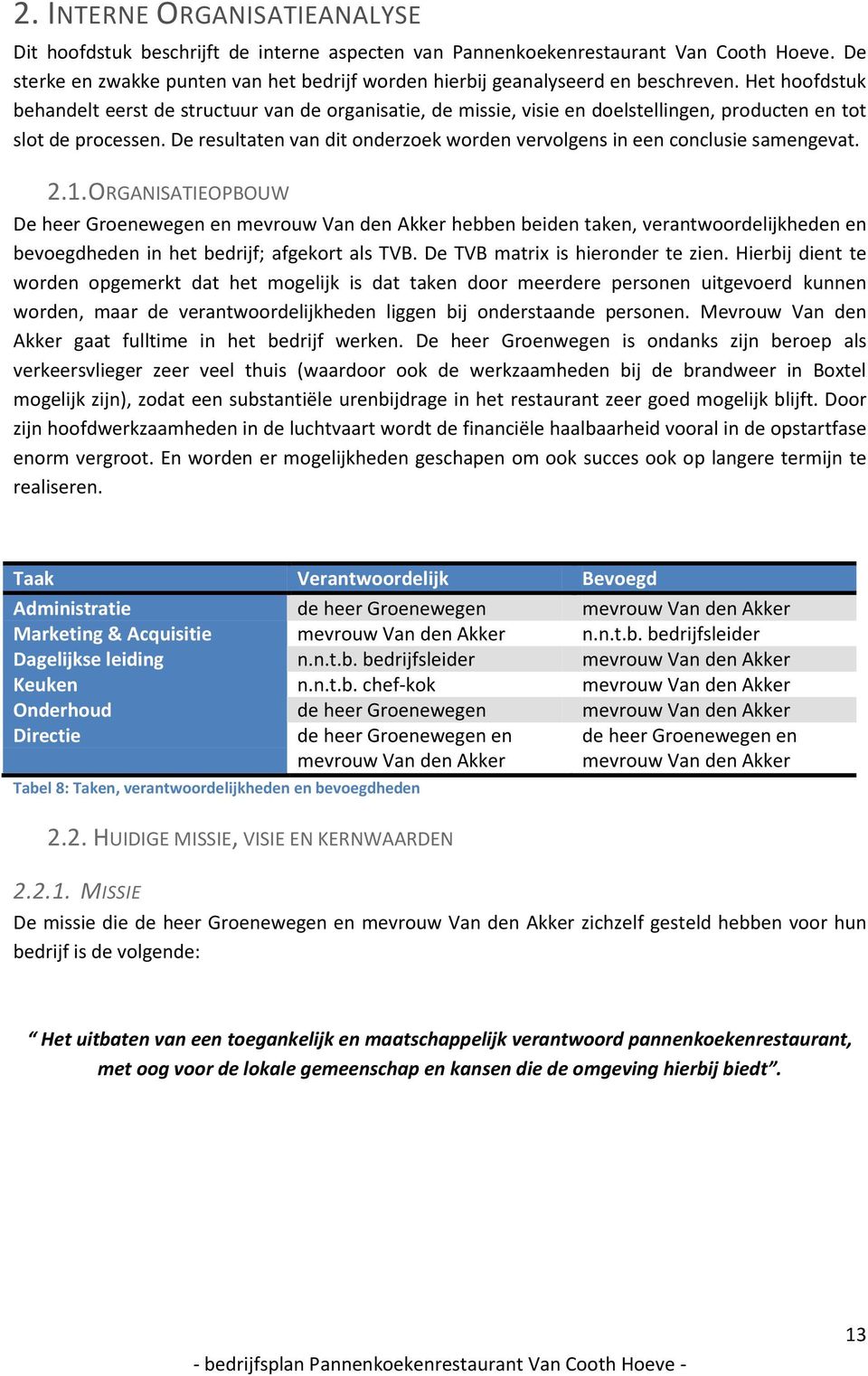 Het hoofdstuk behandelt eerst de structuur van de organisatie, de missie, visie en doelstellingen, producten en tot slot de processen.