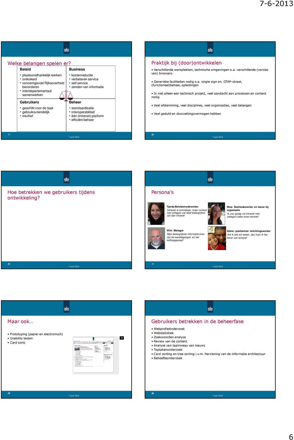 Gebruikers geschikt voor de taak gebruiksvriendelijk intuïtief Beheer standaardisatie interoperabiliteit één (intranet) platform efficiënt beheer Praktijk bij (door)ontwikkelen Verschillende