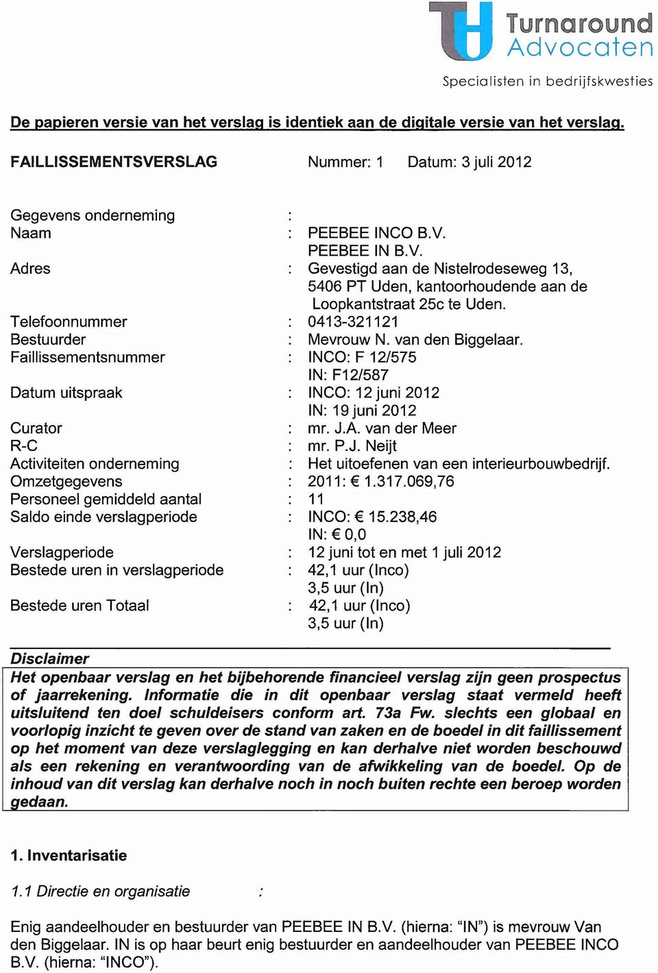 Personeel gemiddeld aantal Saldo einde verslagperiode Verslagperiode Bestede uren in verslagperiode Bestede uren Totaal PEEBEE INCO B.V. PEEBEE IN B.V. Gevestigd aan de Nistelrodeseweg 13, 5406 PT Uden, kantoorhoudende aan de Loopkantstraat 25c te Uden.