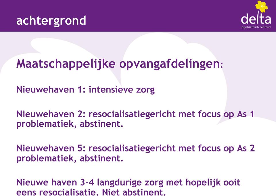 Nieuwehaven 5: resocialisatiegericht met focus op As 2 problematiek, abstinent.