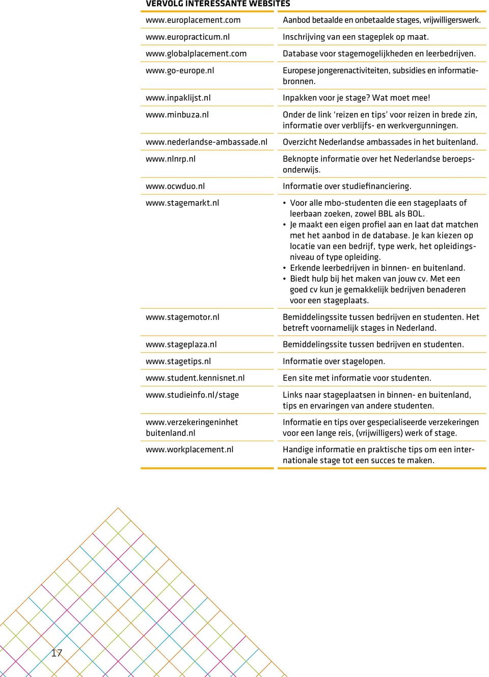 nl Aanbod betaalde en onbetaalde stages, vrijwilligerswerk. Inschrijving van een stageplek op maat. Database voor stagemogelijkheden en leerbedrijven.