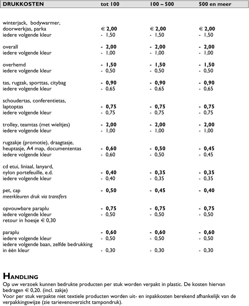 0,75-0,75-0,75 trolley, teamtas (met wieltjes) - 2,00-2,00-2,00 iedere volgende kleur - 1,00-1,00-1,00 rugzakje (promotie), draagtasje, heuptasje, A4 map, documententas - 0,60-0,50-0,45 iedere