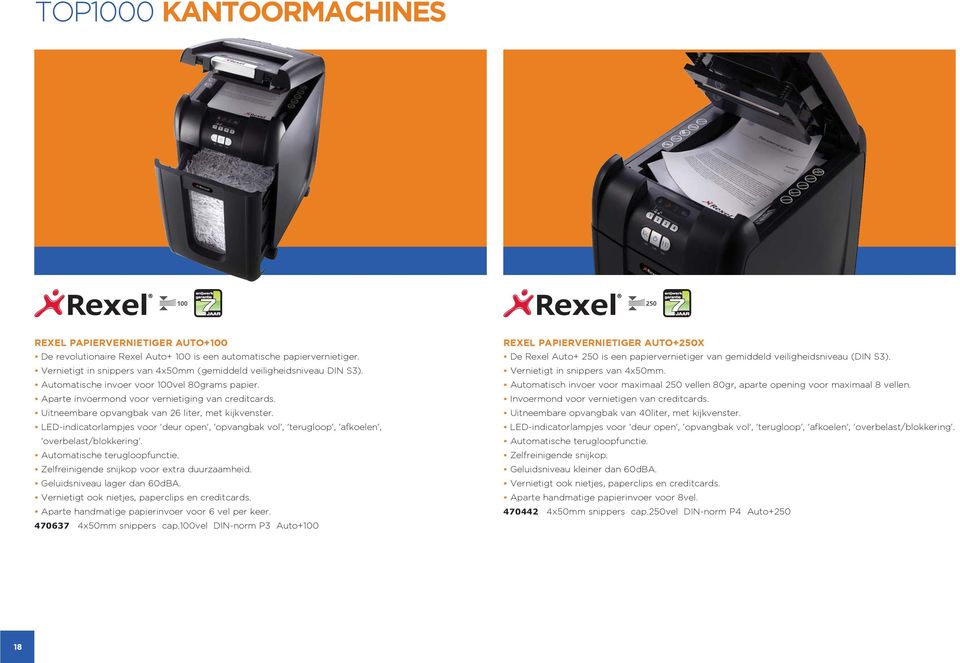 Uitneembare opvangbak van 26 liter, met kijkvenster. LED-indicatorlampjes voor 'deur open', 'opvangbak vol', 'terugloop', 'afkoelen', 'overbelast/blokkering'. Automatische terugloopfunctie.