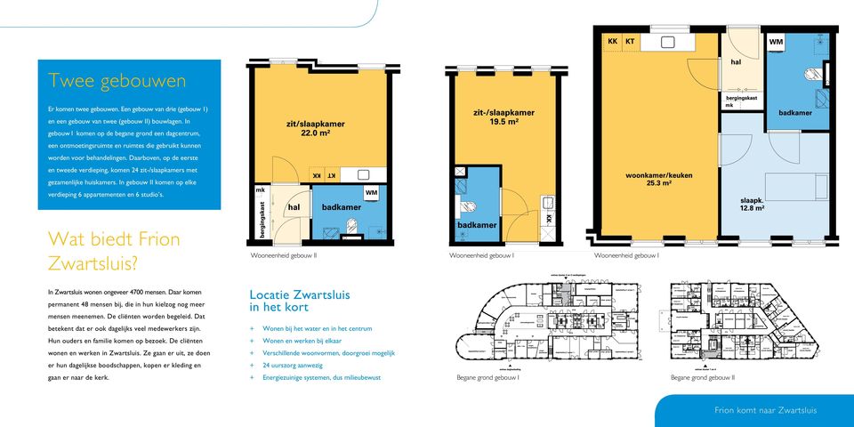 Daarboven, op de eerste en tweede verdieping, komen 24 zit-/slaapkamers met gezamenlijke huiskamers. In gebouw II komen op elke verdieping 6 appartementen en 6 studio s. Wat biedt Frion Zwartsluis?