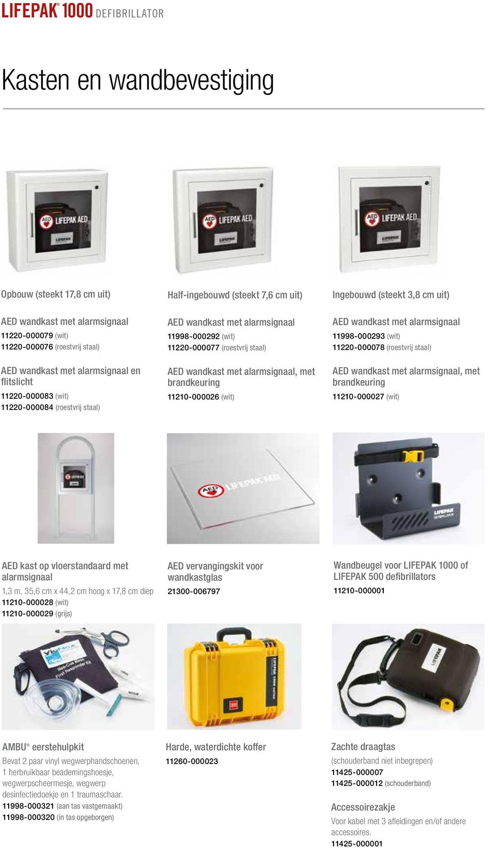 staal) AED wandkast met alarmsignaal, met brandkeuring 11210-000026 (wit) AED wandkast met alarmsignaal 11998-000293 (wit) 11220-000078 (roestvrij staal) AED wandkast met alarmsignaal, met
