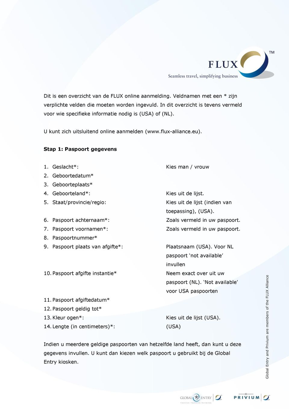 Geslacht*: Kies man / vrouw 2. Geboortedatum* 3. Geboorteplaats* 4. Geboorteland*: Kies uit de lijst. 5. Staat/provincie/regio: Kies uit de lijst (indien van toepassing), (USA). 6.