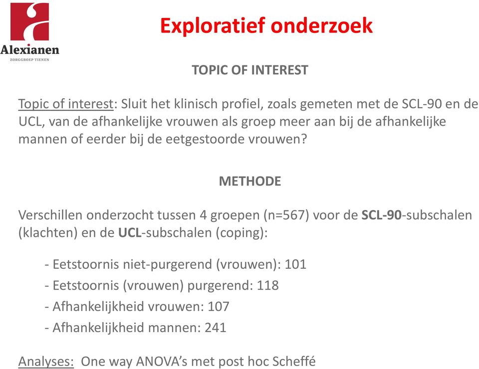 METHODE Verschillen onderzocht tussen 4 groepen (n=567) voor de SCL 90 subschalen (klachten) en de UCL subschalen (coping): Eetstoornis