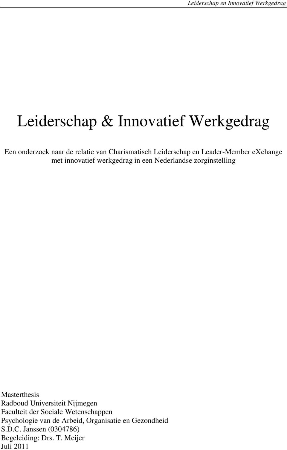 zorginstelling Masterthesis Radboud Universiteit Nijmegen Faculteit der Sociale Wetenschappen