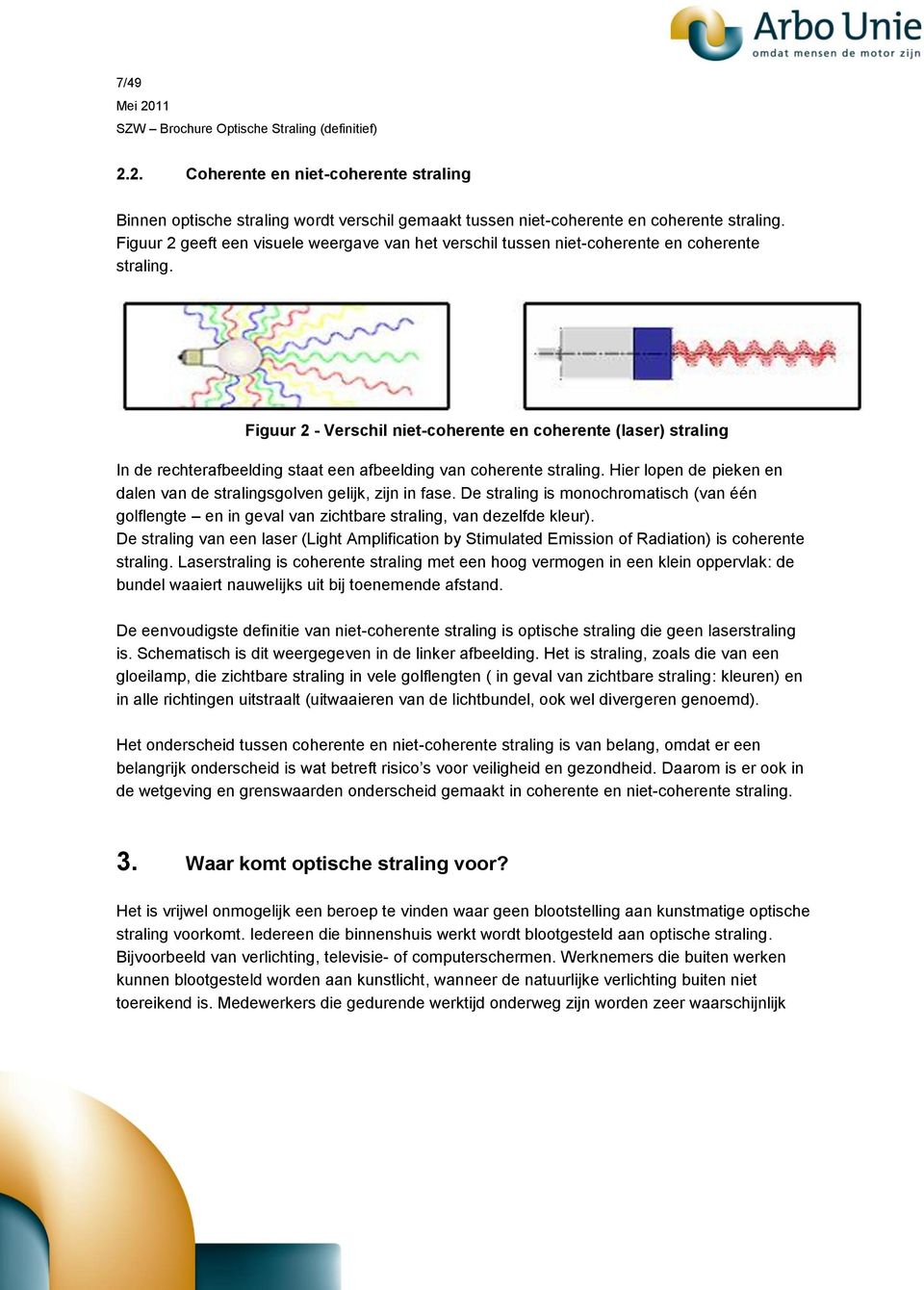 Figuur 2 - Verschil niet-coherente en coherente (laser) straling In de rechterafbeelding staat een afbeelding van coherente straling.