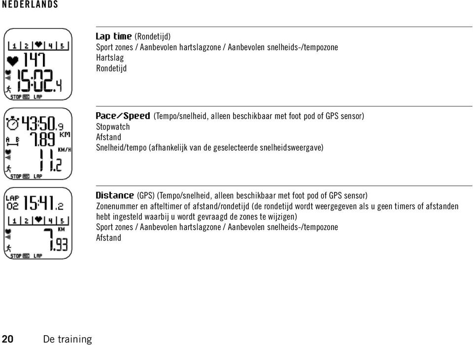 (Tempo/snelheid, alleen beschikbaar met foot pod of GPS sensor) Zonenummer en afteltimer of afstand/rondetijd (de rondetijd wordt weergegeven als u geen