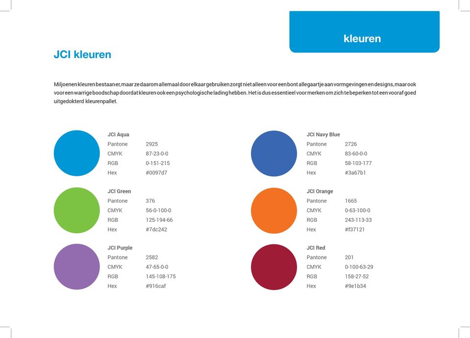 JCI Aqua Pantone 2925 CMYK 87-23-0-0 RGB 0-151-215 Hex #0097d7 JCI Navy Blue Pantone 2726 CMYK 83-60-0-0 RGB 58-103-177 Hex #3a67b1 JCI Green Pantone 376 CMYK 56-0-100-0 RGB 125-194-66 Hex
