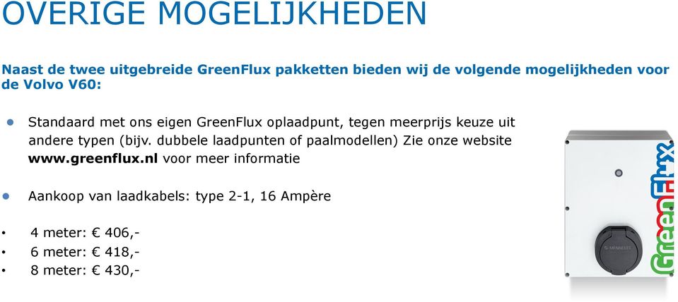 keuze uit andere typen (bijv. dubbele laadpunten of paalmodellen) Zie onze website www.greenflux.