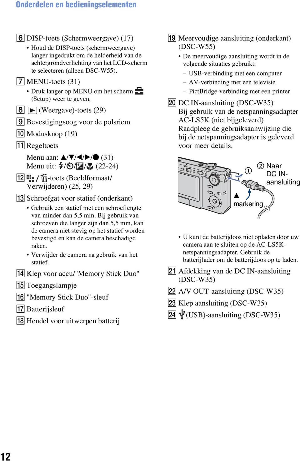 H (Weergave)-toets (29) I Bevestigingsoog voor de polsriem J Modusknop (19) K Regeltoets Menu aan: v/v/b/b/z (31) Menu uit: / / / (22-24) L -toets (Beeldformaat/ Verwijderen) (25, 29) M Schroefgat