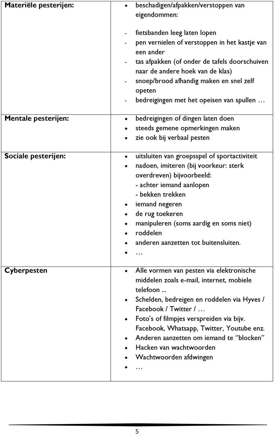 gemene opmerkingen maken zie ook bij verbaal pesten Sociale pesterijen: uitsluiten van groepsspel of sportactiviteit nadoen, imiteren (bij voorkeur: sterk overdreven) bijvoorbeeld: - achter iemand