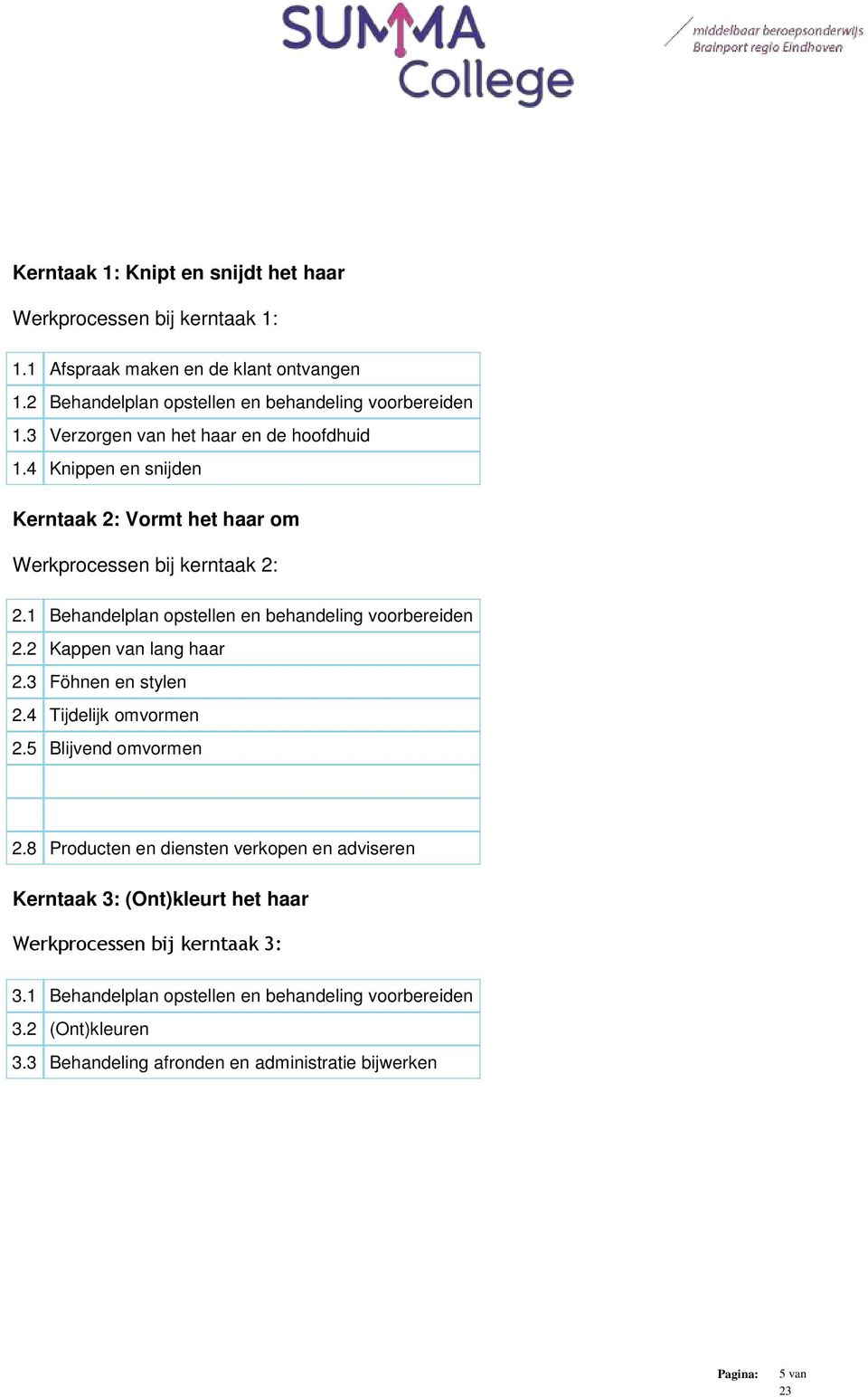 1 Behandelplan opstellen en behandeling voorbereiden 2.2 Kappen van lang haar 2.3 Föhnen en stylen 2.4 Tijdelijk omvormen 2.5 Blijvend omvormen 2.