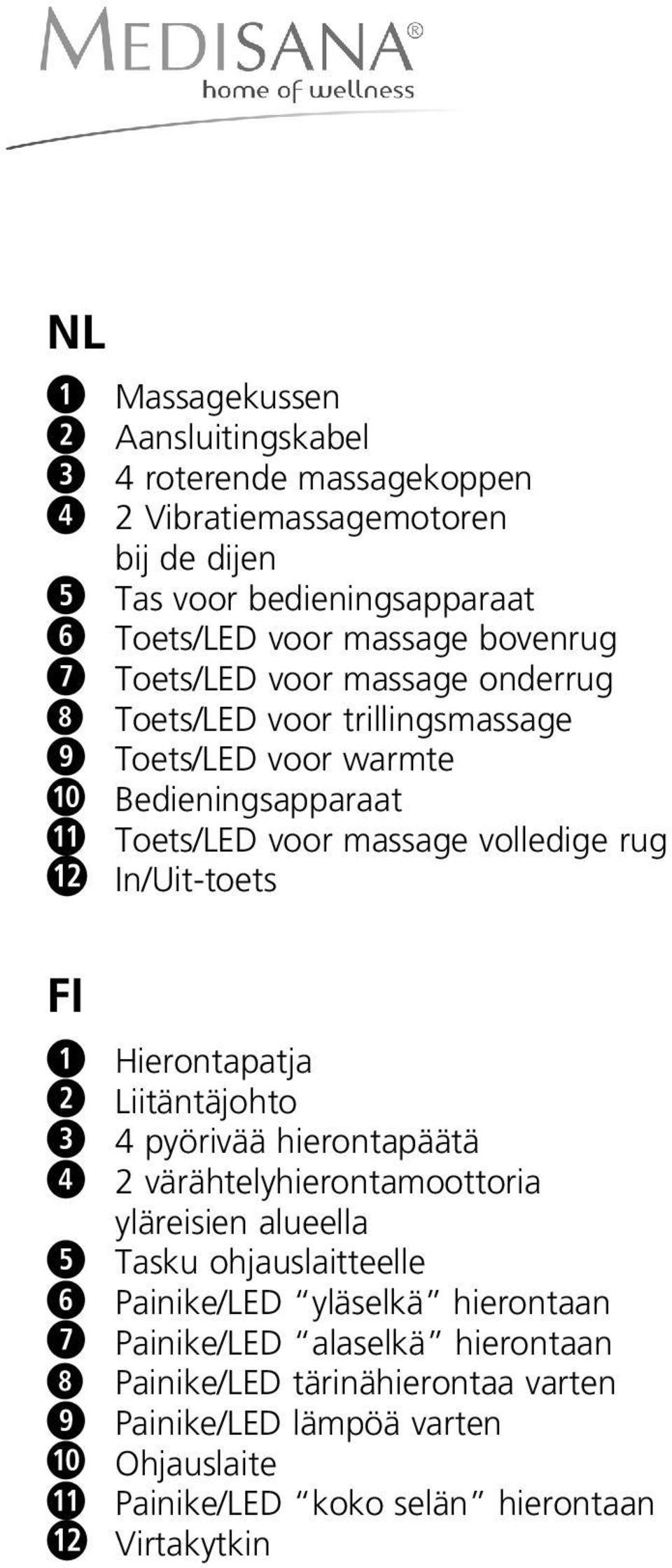 In/Uit-toets FI Hierontapatja Liitäntäjohto 4 pyörivää hierontapäätä 2 värähtelyhierontamoottoria yläreisien alueella Tasku ohjauslaitteelle Painike/LED