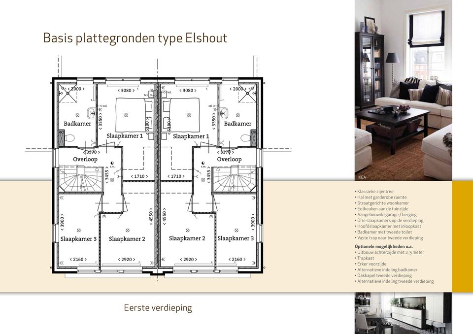 < 3455 > IKEA < 3900 > < 4550 > < 4550 > < 3900 > Slaapkamer 3 Slaapkamer 2 Slaapkamer 2 Slaapkamer 3 < 2160 > < 2920 > < 2920 > < 2160 > Klassieke zijentree Hal met garderobe ruimte Straatgerichte