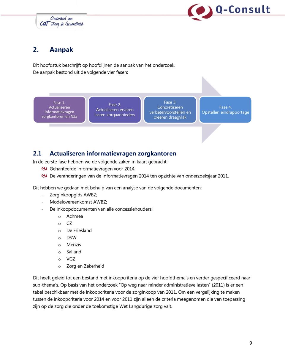 1 Actualiseren informatievragen zorgkantoren In de eerste fase hebben we de volgende zaken in kaart gebracht: Gehanteerde informatievragen voor 2014; De veranderingen van de informatievragen 2014 ten