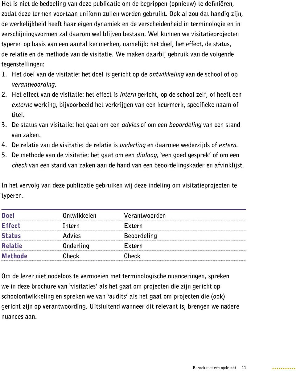 Wel kunnen we visitatieprojecten typeren op basis van een aantal kenmerken, namelijk: het doel, het effect, de status, de relatie en de methode van de visitatie.