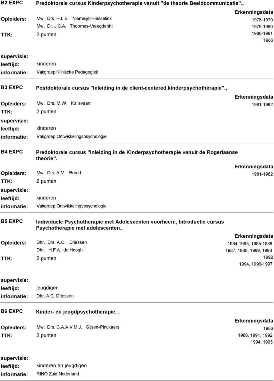 Kalisvaart 1981-1982 Vakgroep Ontwikkelingspsychologie B4 EXPC Predoktorale cursus "Inleiding in de Kinderpsychotherapie vanuit de Rogeriaanse theorie". Mw