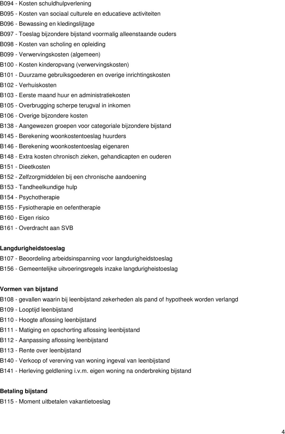 Verhuiskosten B103 - Eerste maand huur en administratiekosten B105 - Overbrugging scherpe terugval in inkomen B106 - Overige bijzondere kosten B138 - Aangewezen groepen voor categoriale bijzondere