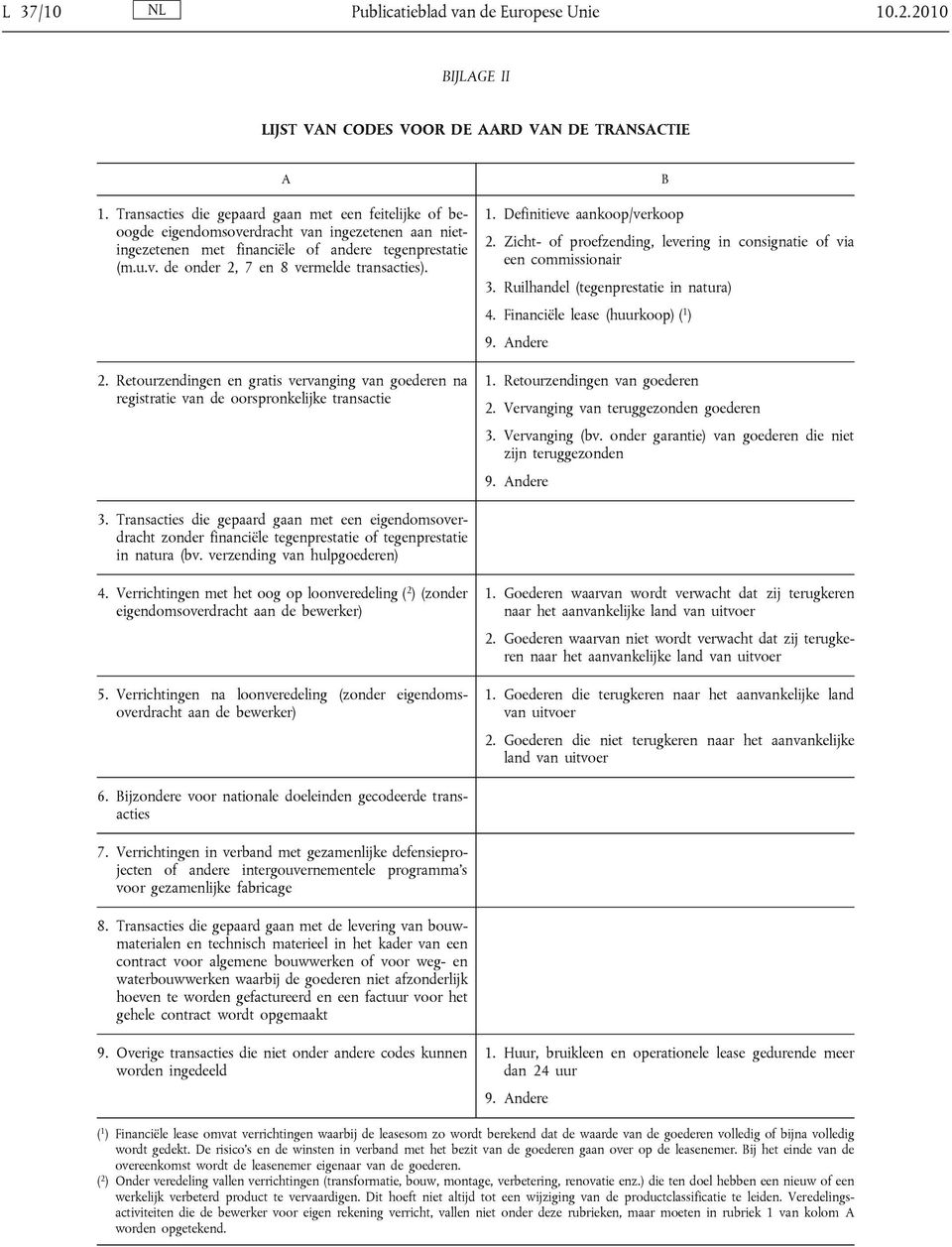 2. Retourzendingen en gratis vervanging van goederen na registratie van de oorspronkelijke transactie B 1. Definitieve aankoop/verkoop 2.